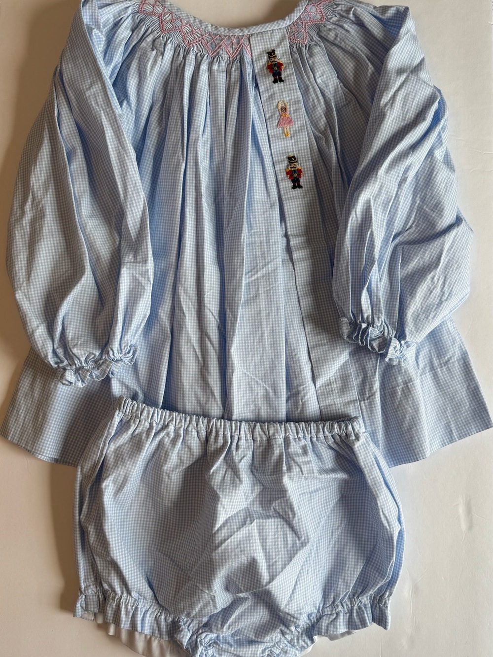 Purple Pearl Smocks Light Blue Gingham Bloomer Set w/ Nutcracker Smocking - 5